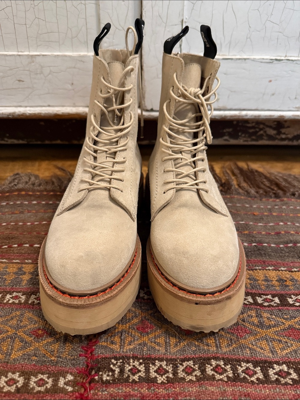 R13 Platform Suede Lace-Up Boots in Light Beige 39
